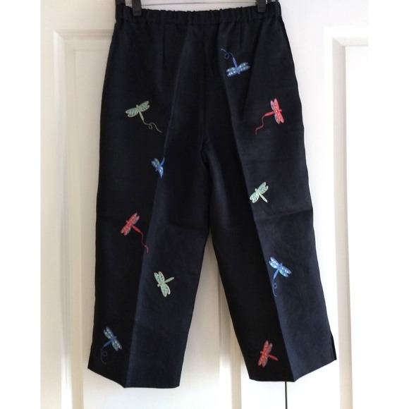 Appleseed's Pants - Appleseeds 100% Linen Cropped Pants Black Embroidered Dragonfly Women 6P Novelty
